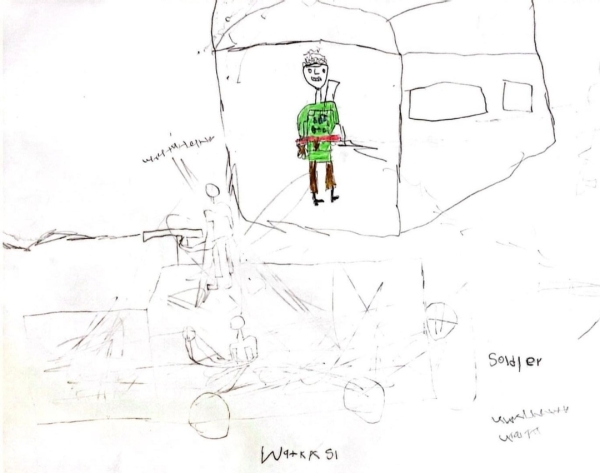 別の男の子が描いた兵隊の絵。あこがれの職業です。