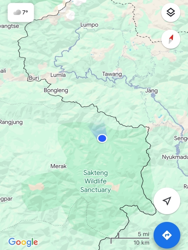 Google Earthでみたサクテン村の場所です。ブータンの最東で、インドとの国境からかなり近いです