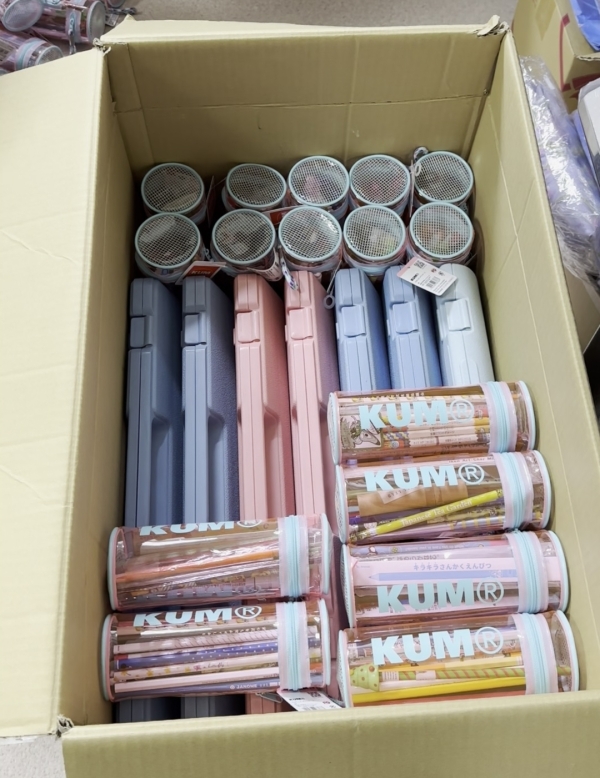 鉛筆やペンを詰め込んだ筆箱を綺麗に並べます