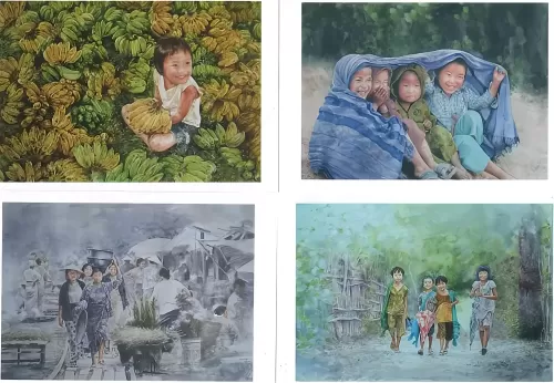 避難民キャンプ出身の水彩画家マウンマウンティン氏の書いた絵のポストカードです