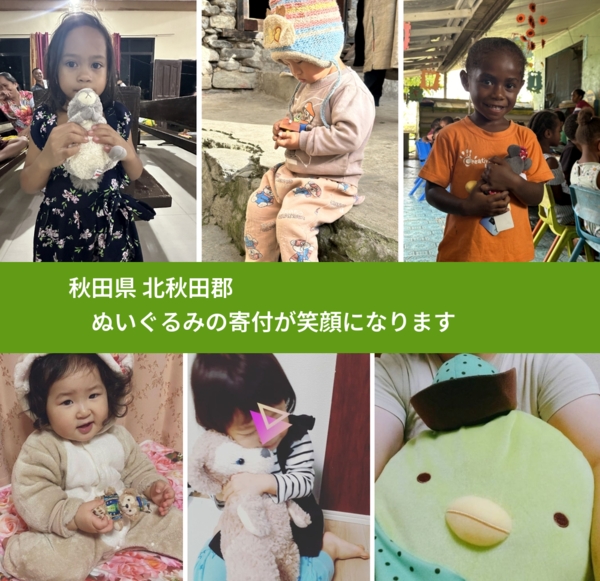 秋田県 北秋田郡 で、安心してぬいぐるみを寄付できます。ワクチン募金にもなります