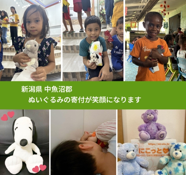新潟県 中魚沼郡 で、安心してぬいぐるみを寄付できます。ワクチン募金にもなります